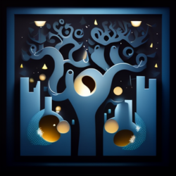 An illustration of a tree with moons and stars.